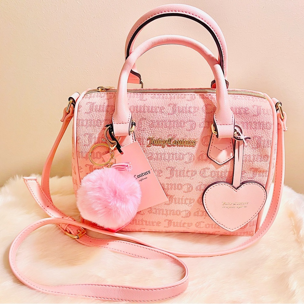 Juicy Couture Pink Logo Satchel with Heart Charm Pom-Pom